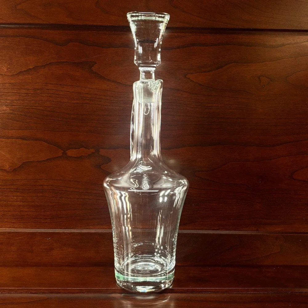 Toscany Hand Made Glass Decanter with Stopper Clear Romania Barware MCM w/ Label